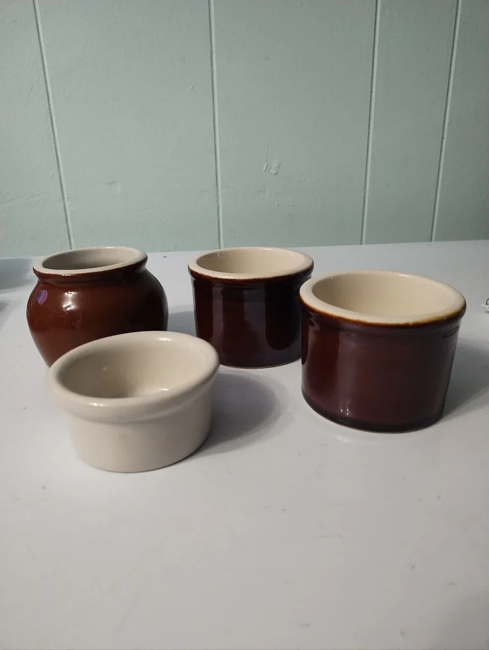Vintage Hall China Brown and Cream Ceramic Crock, Bean Pot And Ramekin Set